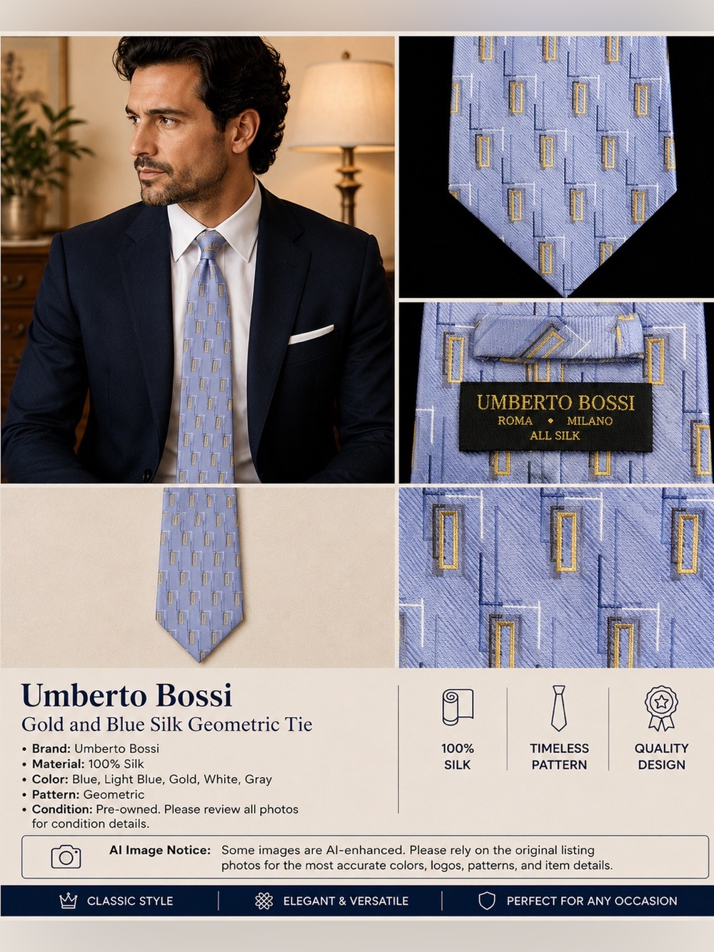 Gold and Blue Silk Geometric Tie